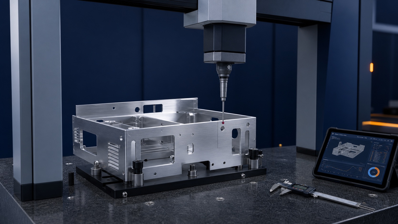 CGI process visualization of a sheet metal enclosure inspected by a coordinate measuring machine