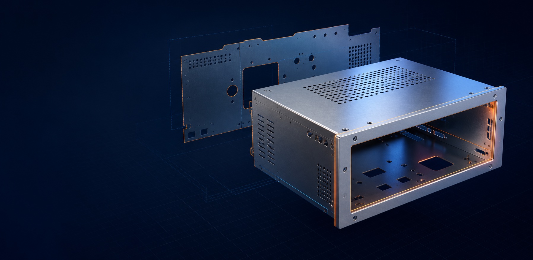 CGI visualization of a precision formed sheet metal enclosure and exploded panels