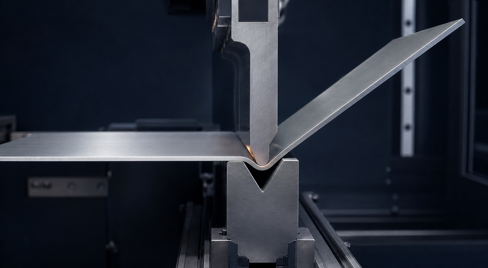CGI process visualization of an aluminum sheet being bent between a press brake punch and V-die