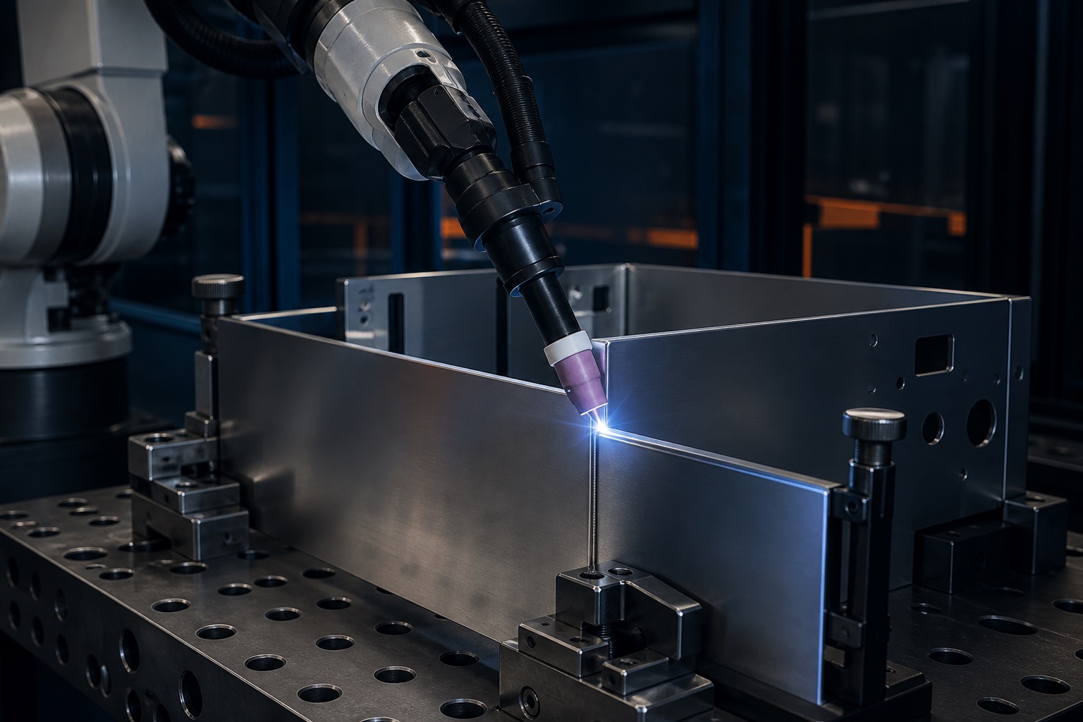 CGI process visualization of robotic TIG welding on a fixtured sheet metal enclosure
